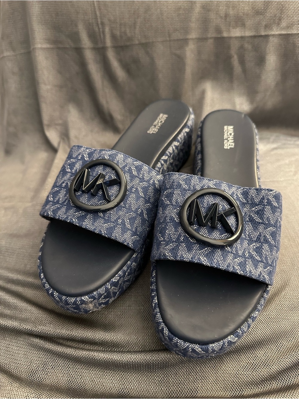 Michael Kors Navy Monogram Slide Sandals with MK Medallion